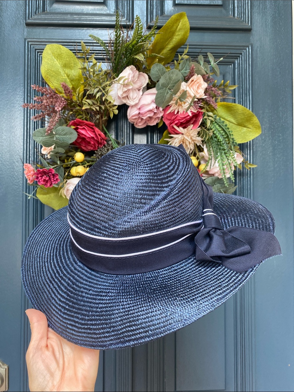 Vintage Joe Bill Miller Navy Blue Straw Dress Hat with Navy Bow Kentucky Derby